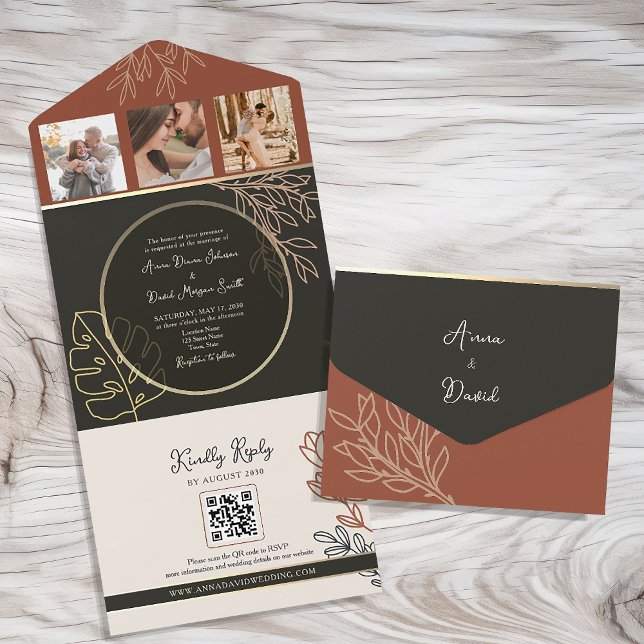 Boho Terracotta Black and White Wedding All In One Invitation (Creator Uploaded)
