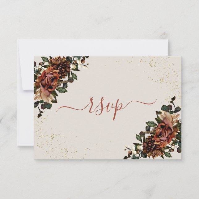 Boho Terracotta Botanical Floral Gold RSVP Card (Front)