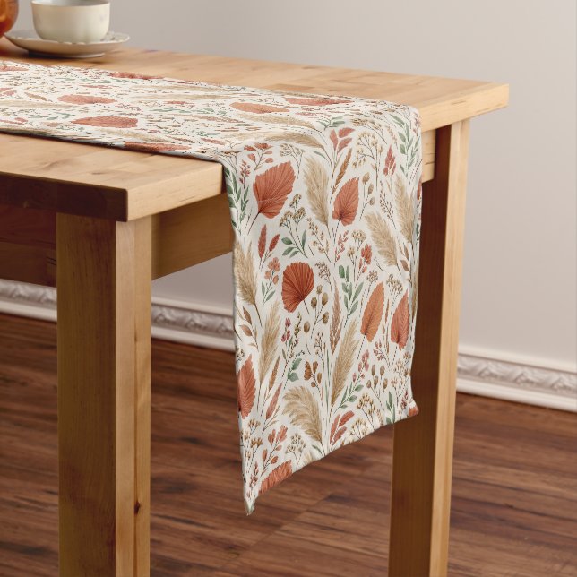 Boho Terracotta Botanical Meadow Illustration Short Table Runner (In Situ)