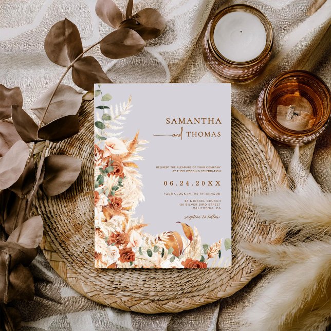 Boho Terracotta Botanical Pampas Photo Wedding Invitation (Creator Uploaded)