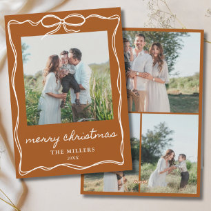 Boho Terracotta Bow Merry Christmas 4 Photo Family Holiday Card