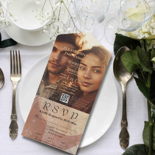 Boho Terracotta Brown Abstract QR Code Minimalist All In One Invitation