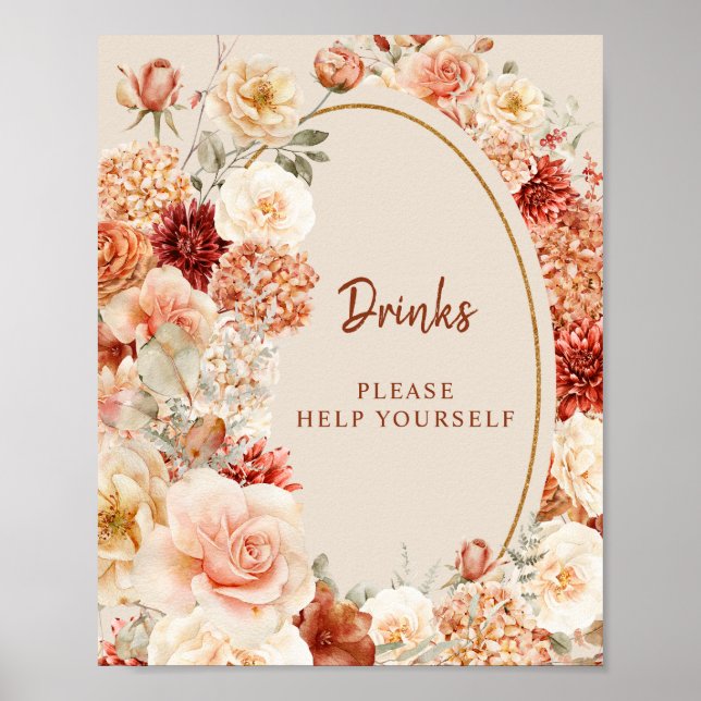 Boho terracotta burgundy floral eucalyptus Drinks Poster (Front)