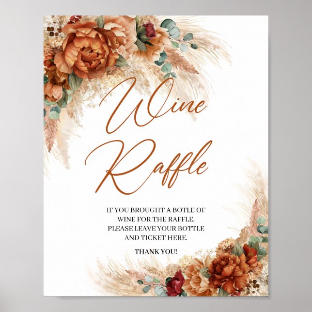 Boho terracotta burgundy floral pampas Wine Raffle Poster (Front)
