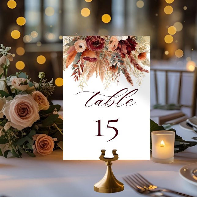 Boho Terracotta Burgundy Florals Pampas Grass Table Number (Creator Uploaded)