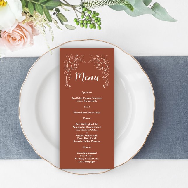 Boho Terracotta Burnt Orange Floral Wedding Menu (terracotta wedding menu, trendy elegant modern rustic menu, earthy tones wedding menu)