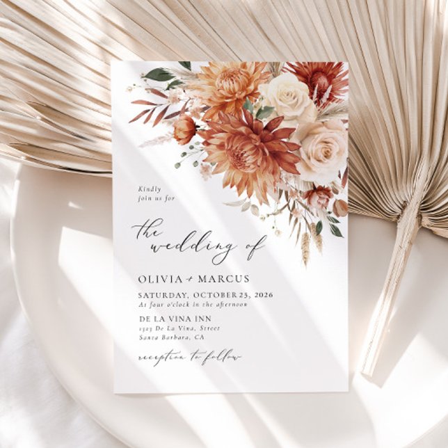Boho Terracotta Dahlia Elegant Wedding Invitation (Front)