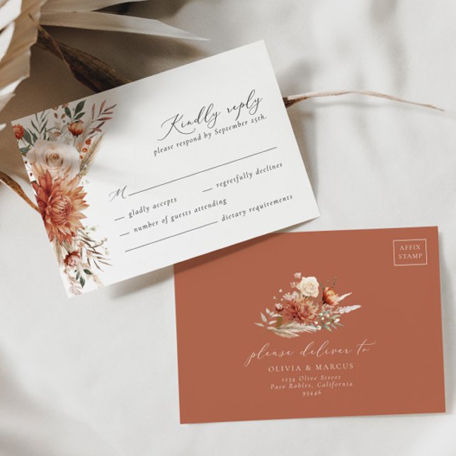 Boho Terracotta Dahlia Floral Elegant Wedding RSVP Card (Creator Uploaded)