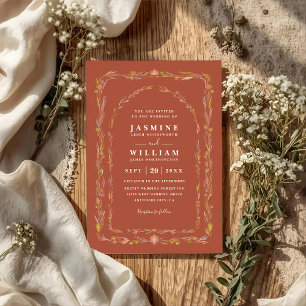 Boho Terracotta Delicate Floral QR Code Wedding Invitation