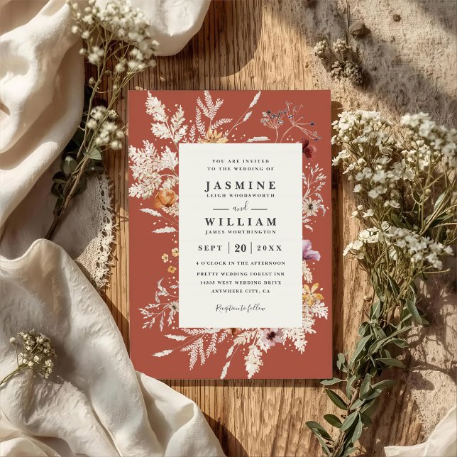 Boho Terracotta Dried Blooms QR Code Wedding Invitation (Creator Uploaded)