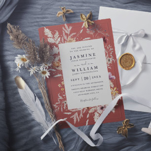 Boho Terracotta Dried Blooms Rustic Modern Wedding Invitation