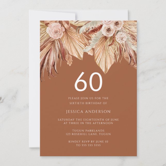 Boho Terracotta Dried Floral 60th Birthday Party Invitation (Front)