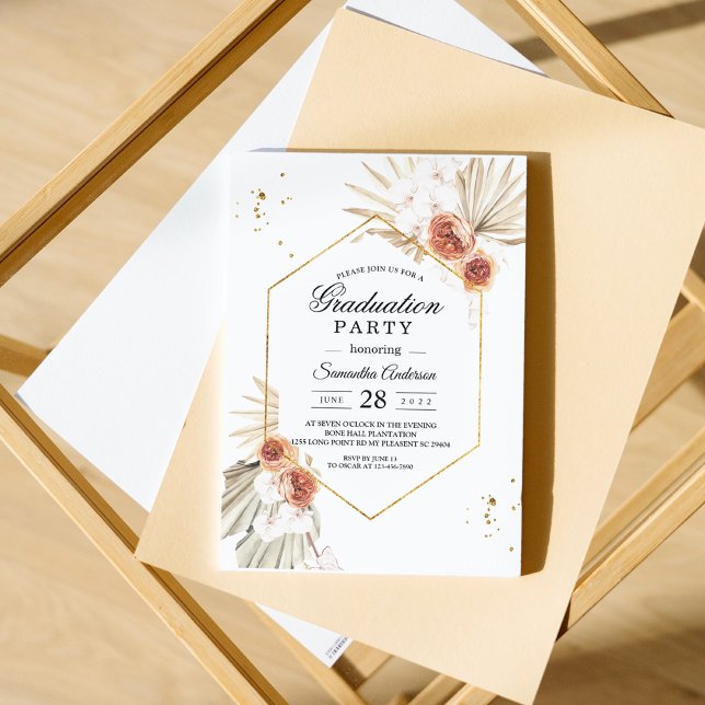 Boho Terracotta Dried Palm & Rose Graduation Party Invitation (Creator Uploaded)
