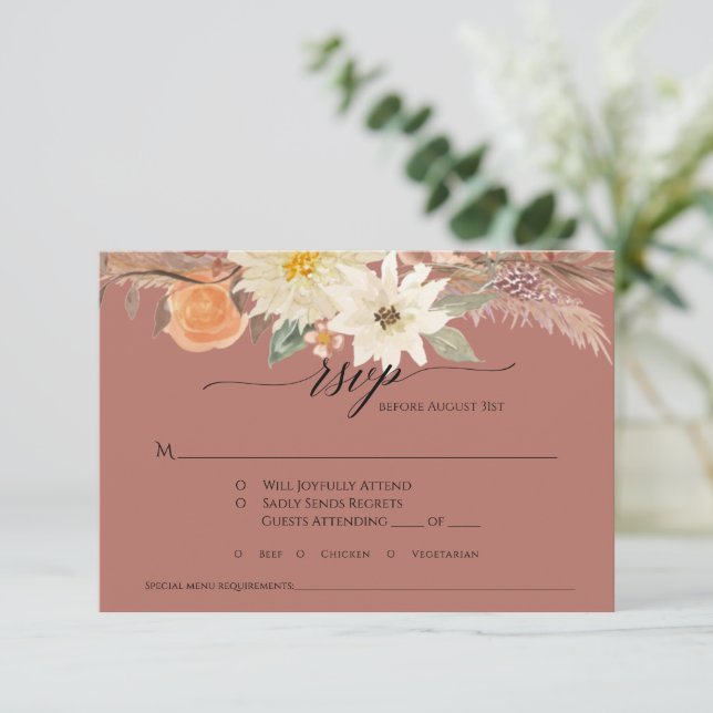 BOHO Terracotta Fall Floral Pampas Grass Wedding RSVP Card (Standing Front)