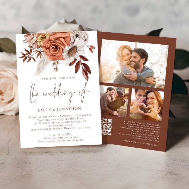 Boho Terracotta Fall Florals 3 Photos QR Wedding Invitation (Front and back view)