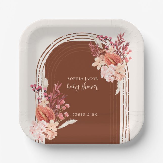 Boho Terracotta Floral Arch Baby Shower Paper Plate (Front)