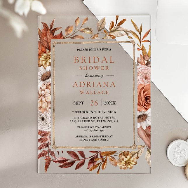 Boho Terracotta Floral Bridal Shower Acrylic Invitations (Creator Uploaded)
