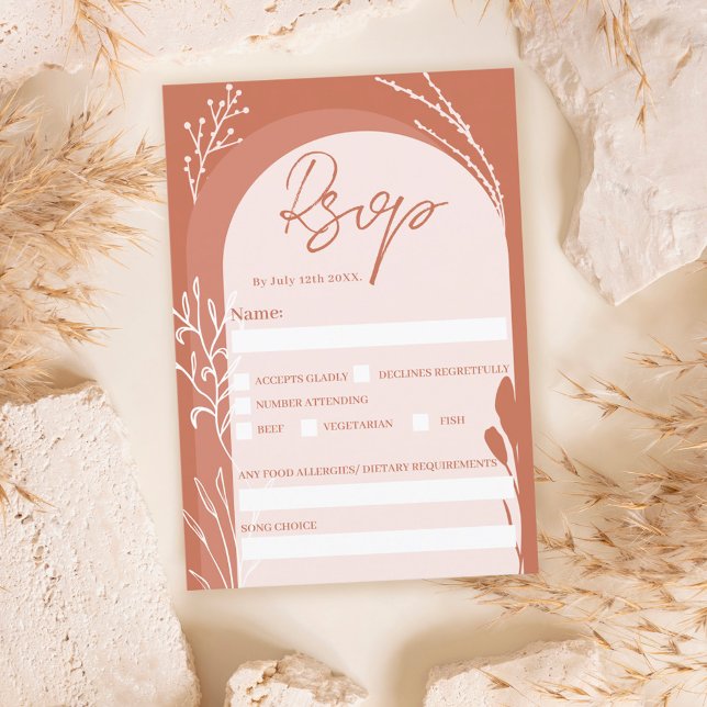 Boho terracotta floral chic script arch wedding invitation (Creator Uploaded)