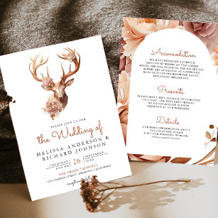 Boho Terracotta Floral Deer All in One Wedding Invitation