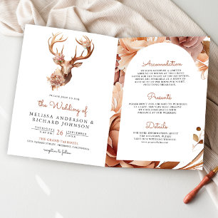 Boho Terracotta Floral Deer QR Code Wedding Invitation