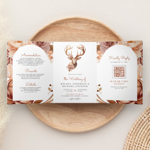 Boho Terracotta Floral Deer QR Code Wedding Tri-Fold Invitation