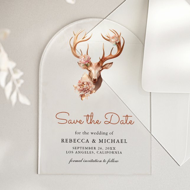 Boho Terracotta Floral Deer Wedding Save the Date Acrylic Invitations (Creator Uploaded)