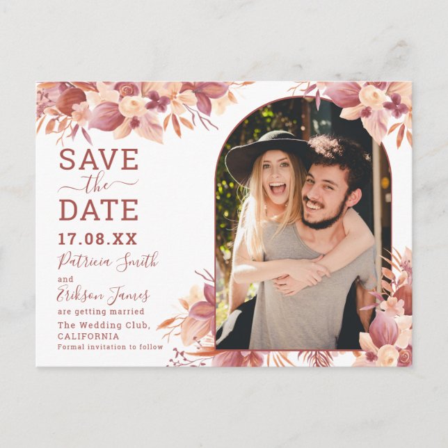Boho terracotta floral desert pampas save the date postcard (Front)