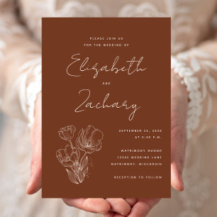 Boho Terracotta Floral Line Art Wedding Invitation
