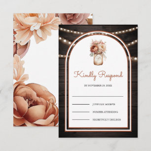 Boho Terracotta Floral Mason Jar Barn Wood Wedding RSVP Card