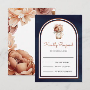 Boho Terracotta Floral Mason Jar Navy Blue Wedding RSVP Card