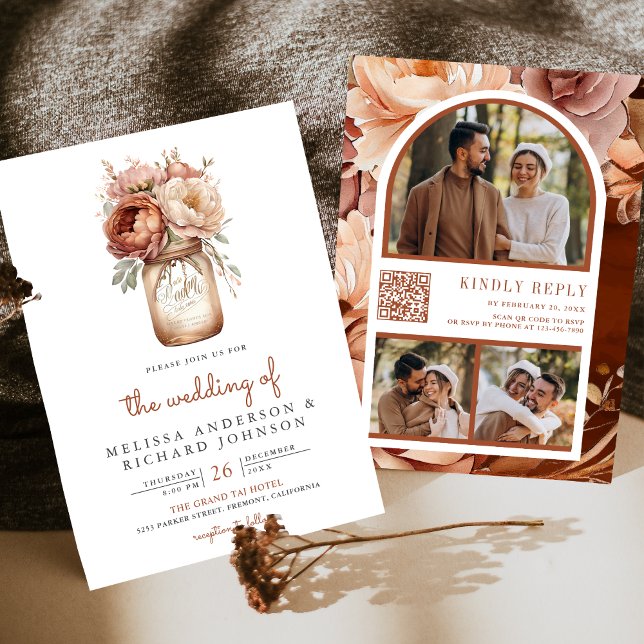Boho Terracotta Floral Mason Jar QR Code Wedding Invitation (Creator Uploaded)