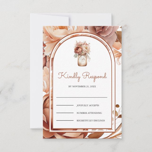 Boho Terracotta Floral Mason Jar Wedding RSVP Card (Front)
