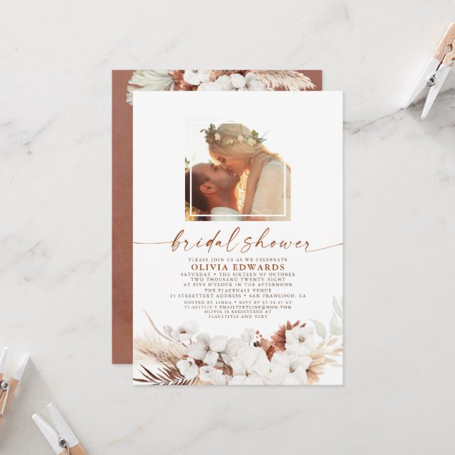Boho Terracotta Floral Pampas Grass Bridal Shower Invitation (Front/Back In Situ)