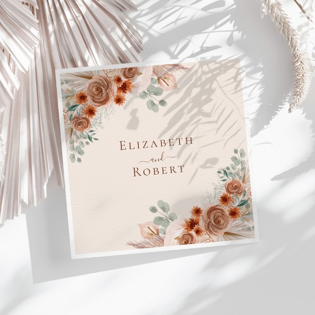 Boho Terracotta Floral Pampas Grass Wedding Napkin (Boho Terracotta Floral Pampas Grass Wedding Napkins on a sunny table with boho white dry botanicals)