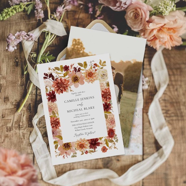 Boho Terracotta Floral Photo Wedding Invitation (Rustic Botanical Fall Photo Wedding invite)