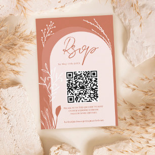 Boho terracotta floral Qr code script arch wedding RSVP Card