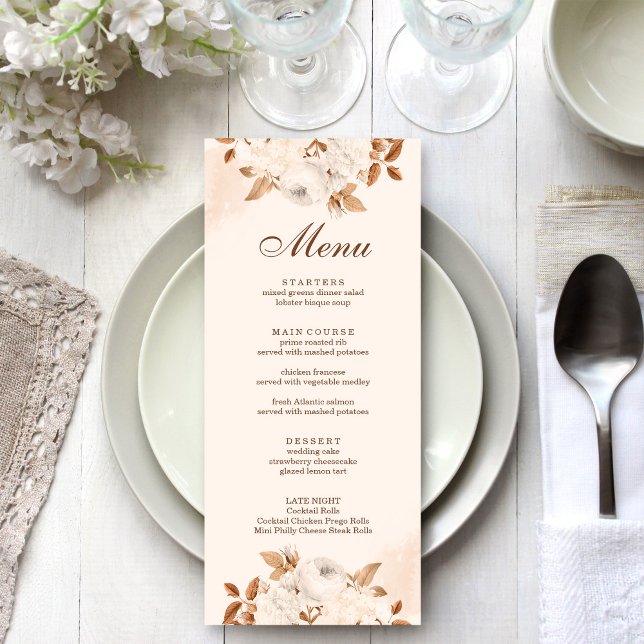 Boho Terracotta Floral Wedding Menu Card (Boho Terracotta Floral Wedding Menu Card on a boho white wedding table.)