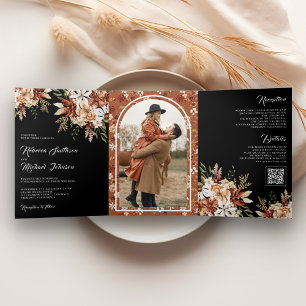 Boho Terracotta Floral Wildflower Black Wedding Tri-Fold Invitation