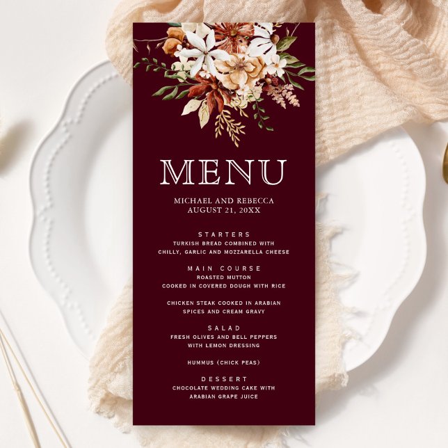 Boho Terracotta Floral Wildflower Burgundy Wedding Menu (Creator Uploaded)