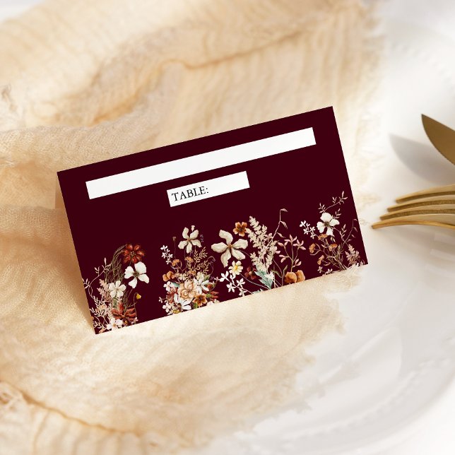 Boho Terracotta Floral Wildflower Burgundy Wedding Place Card (Creator Uploaded)
