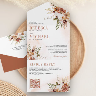 Boho Terracotta Floral Wildflower White Wedding All In One Invitation