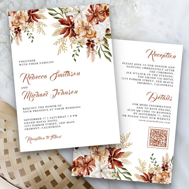 Boho Terracotta Floral Wildflower White Wedding Invitation (Creator Uploaded)