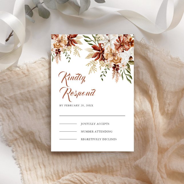 Boho Terracotta Floral Wildflower White Wedding RSVP Card (Creator Uploaded)