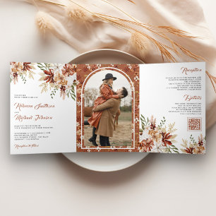 Boho Terracotta Floral Wildflower White Wedding Tri-Fold Invitation