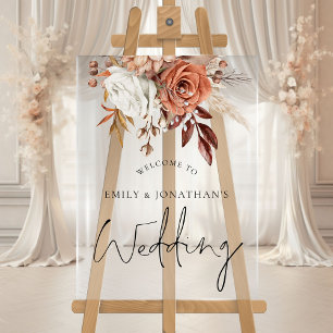 Boho Terracotta Florals Autumn Welcome Wedding Acrylic Sign