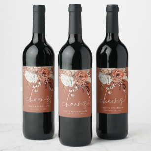 Boho Terracotta Florals Cheers Names Brown Wedding Wine Label