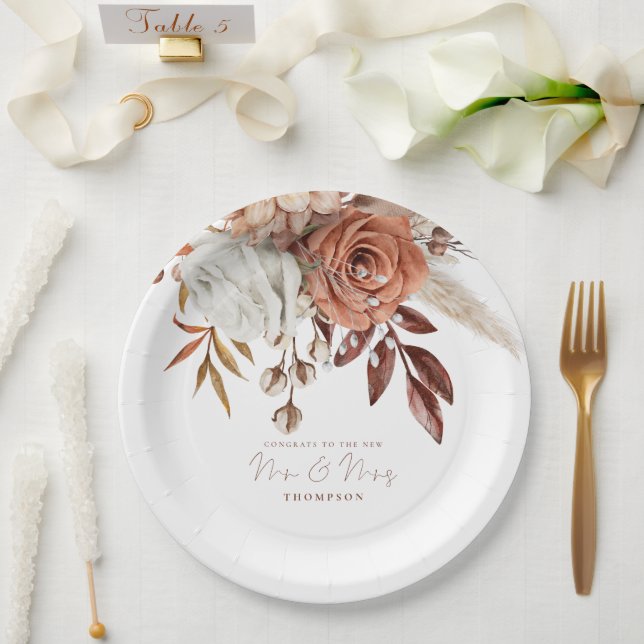 Boho Terracotta Florals Congrats Mr Mrs Wedding  Paper Plate (Wedding)