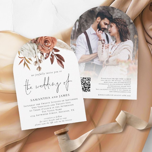 Boho Terracotta Florals Photo QR Code Wedding Invitation (Front and back view)