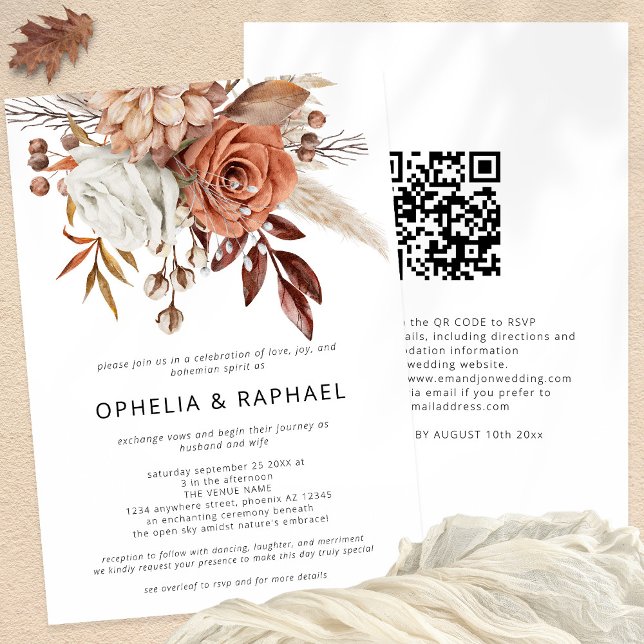 Boho Terracotta Florals QR Code Bohemian Wedding Invitation (Front and Back View)