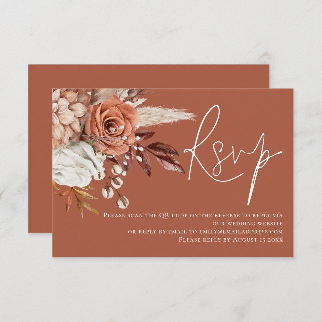 Boho Terracotta florals QR Code Wedding RSVP  (Front/Back)